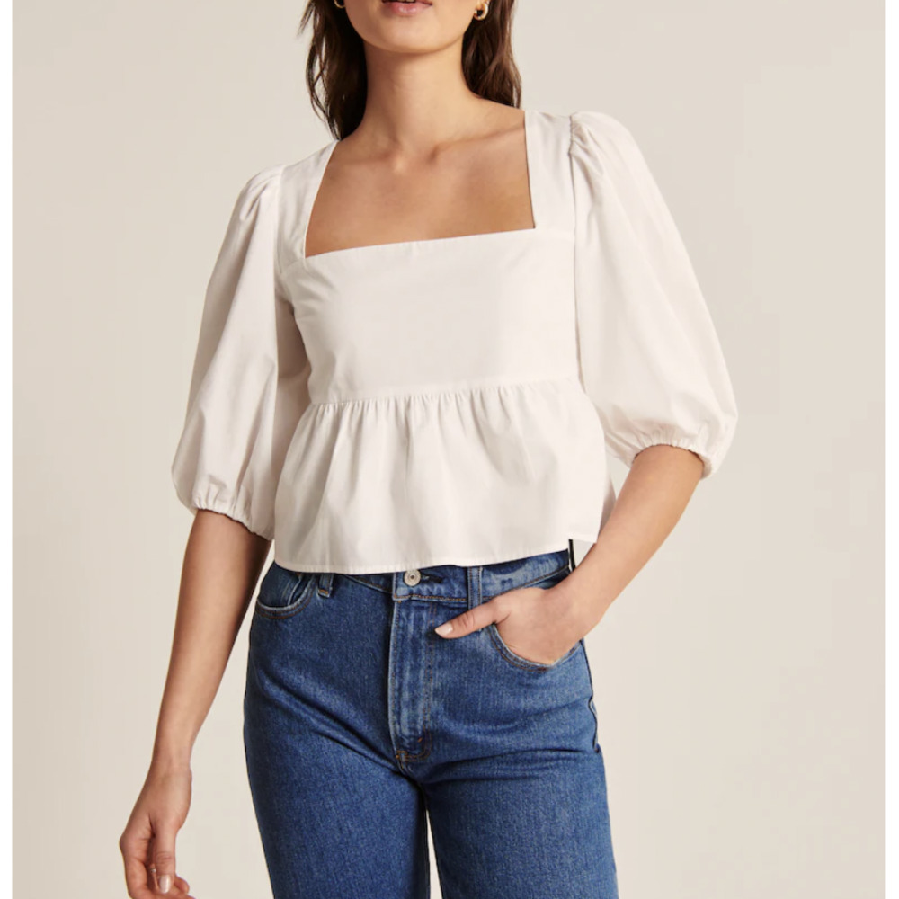 Abercrombie & Fitch Puff Sleeve Poplin Squareneck Top